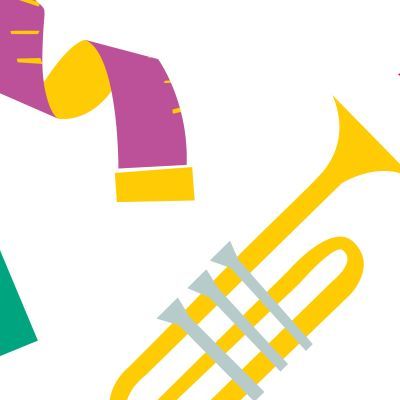 A green clapper board, pink tape measure, yellow trumpet and red violin